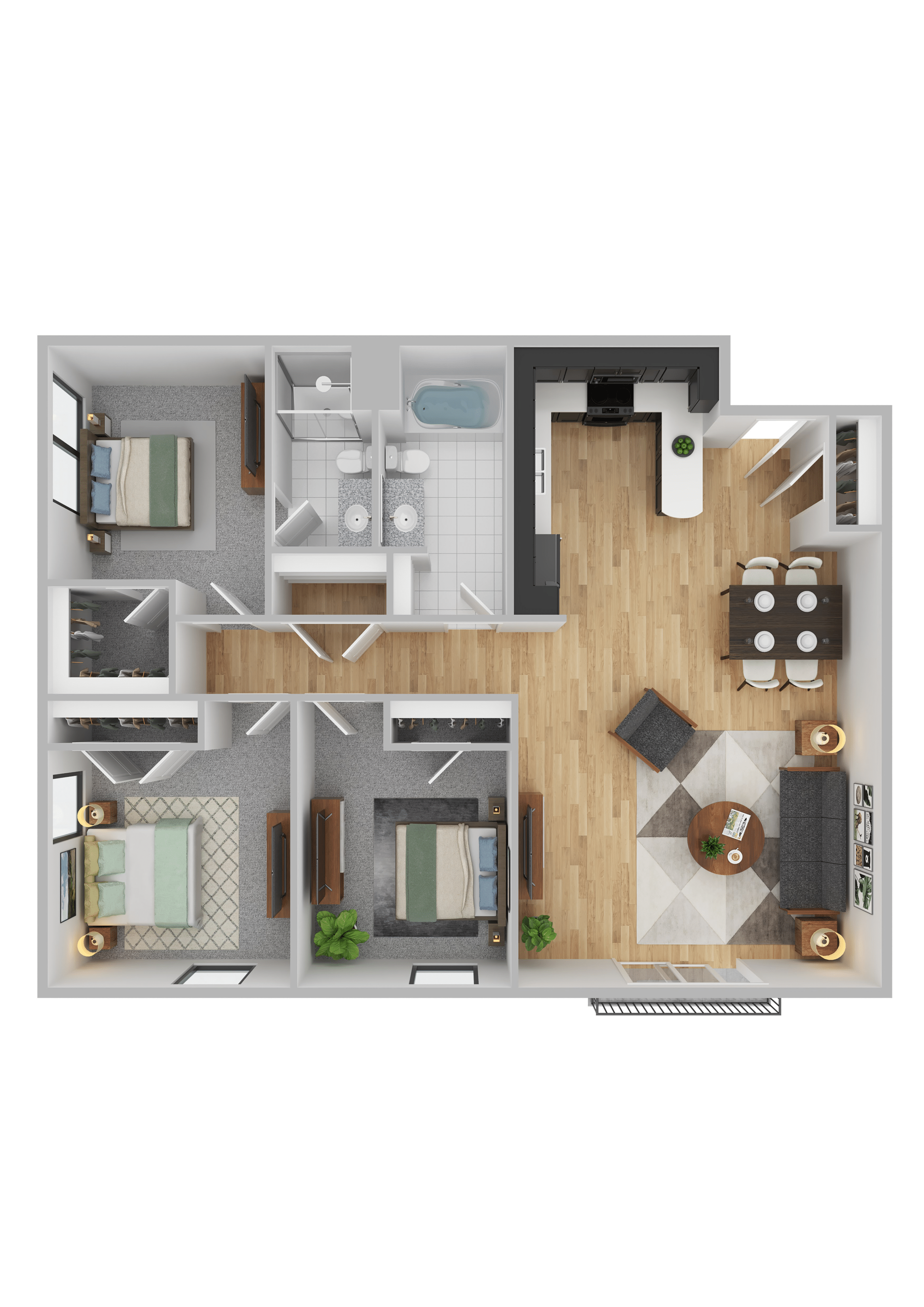 Floor plan for 3 beds, 2 baths, 1167 sqft